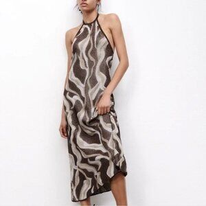 New Zara Jacquard Copper Knit Midi Halter Dress 3859/027 NWT Small